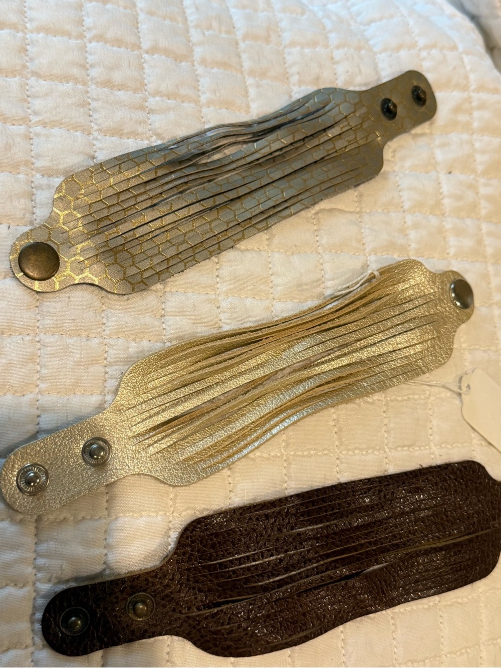 Set of 3 Fringe Snap Leather Cuffs - Metallic Gold, Pale Gold, Dark Brown